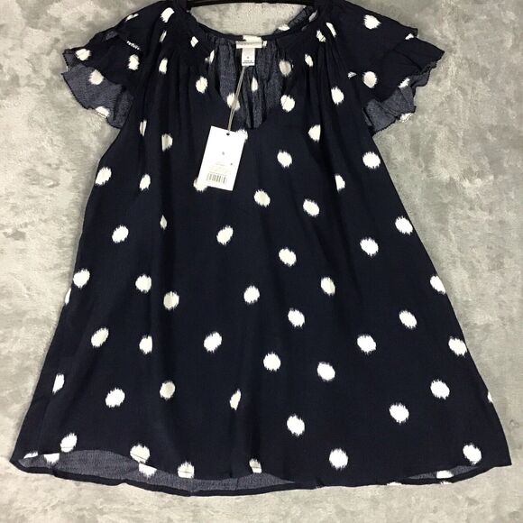 A New Day Womens Small Blue Polka Dot Short Sleeve Rayon Jersey Top NWT - Picture 1 of 15